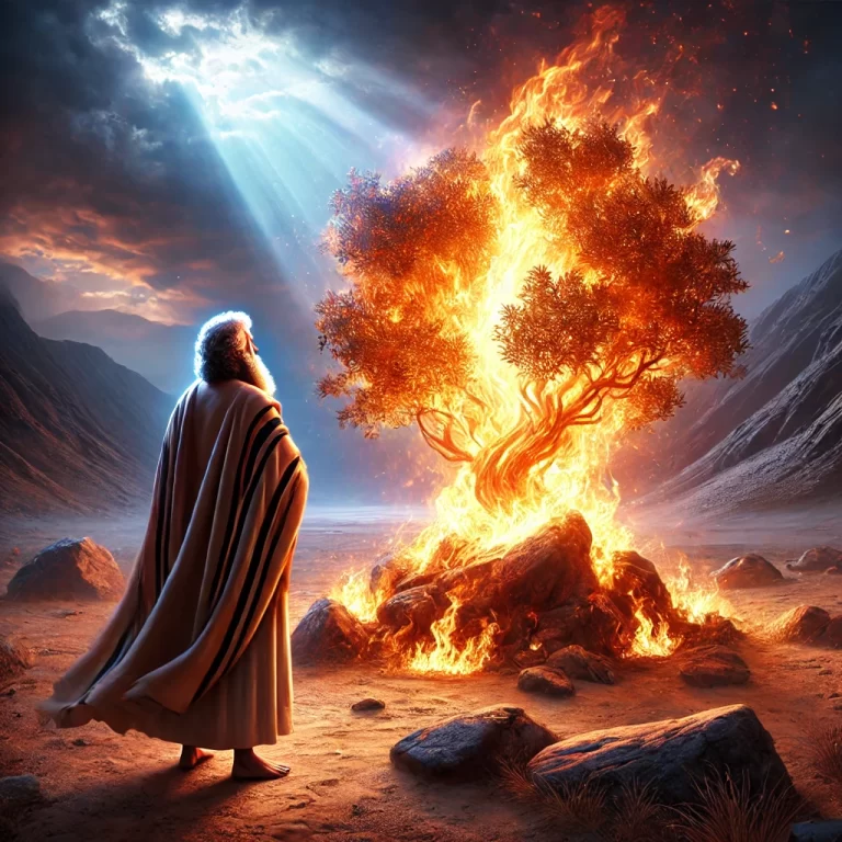 DALL·E 2024 12 06 14.58.43 A realistic depiction of Moses and the burning bush. Moses is portrayed as a bearded man wearing a traditional ancient robe standing on rocky terrain