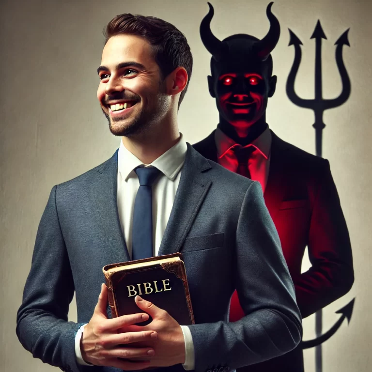 DALL·E 2024 12 11 13.10.34 A symbolic representation of a false Christian. The scene features a man smiling warmly and holding a Bible in his hands dressed in neat formal atti