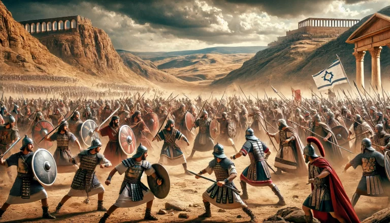 DALL·E 2024 12 13 12.35.13 An ancient battle scene depicting Israel in biblical times set against a rugged desert landscape with rolling hills. The scene includes warriors dres