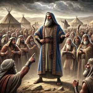 DALL·E 2024 12 20 13.36.19 A dramatic scene of Moses standing in the foreground wearing ancient Israelite robes with a serious expression facing a large group of Israelites w